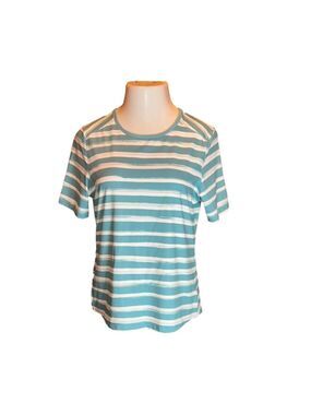 COLUMBIA Aqua Green & White Striped Athletic Tee Shirt w/ Cut Out in Back Size M